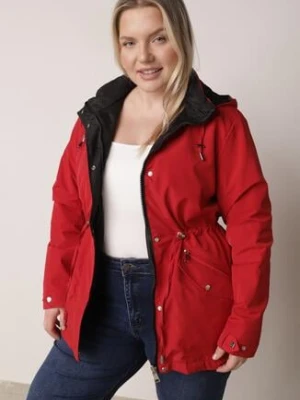 Czerwono-Czarna Przejściowa Kurtka Dwustronna Parka z Pikowaniem i Kapturem Tidare