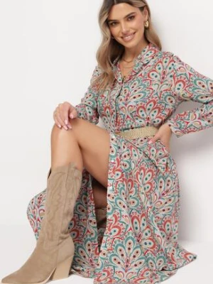 Czerwono-Niebieska Sukienka z Guzikami i Plecionym Paskiem z Klamrą Aralty rosa