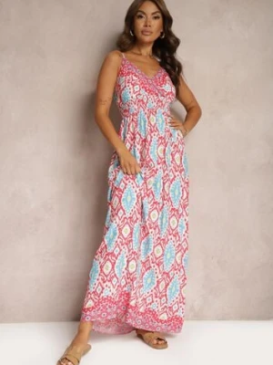 Czerwono-Niebieska Wiskozowa Sukienka na Ramiączkach z Gumką w Pasie Andadea cflo