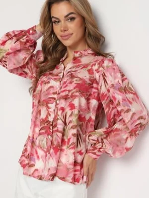 Czerwono-Różowa Koszula we Florystyczny Wzór z Luźnymi Rękawami Nallestia retro & icone