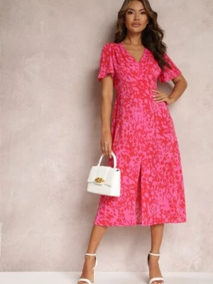 Czerwono-Różowa Taliowana Sukienka Midi z Krótkim Rękawem i Gumkami w Talii Zerala retro & icone