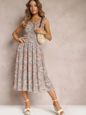 Czerwono-Zielona Kwiecista Sukienka Midi z Cienkimi Gumkami w Talii i Falbankami Jallia rosa