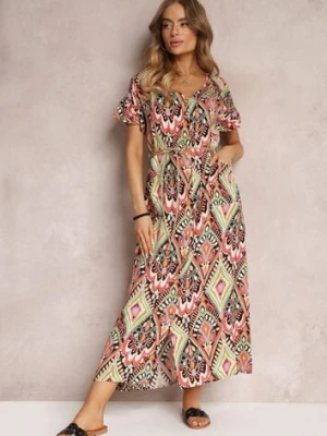 Czerwono-Zielona Sukienka Maxi z Krótkim Rękawem i Sznurkiem w Pasie Nosine rosa