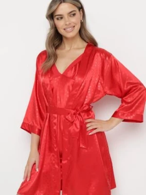 Czerwony 6-częściowy Komplet Piżamowy Szlafrok, Koszula Nocna Spodnie Top Szorty i Opaska Kirosa