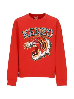 Czerwony Bawełniany Sweter z Kontrastowym Logo i Wzorem Tygrysa Kenzo