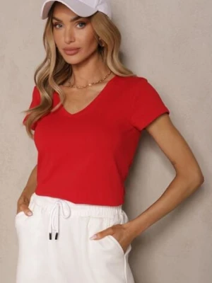 Czerwony Bawełniany T-shirt z Trójkątnym Dekoltem Linalitia