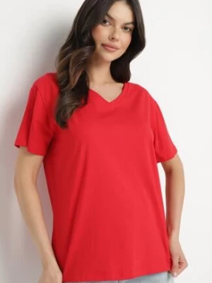 Czerwony Bawełniany T-shirt z Trójkątnym Dekoltem Nelirna emt