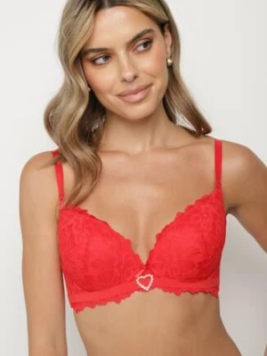 Czerwony Biustonosz Ozdobiony Koronką i Cyrkoniowym Sercem Fannel