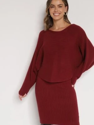 Bordowy Dzianinowy Komplet Prążkowany Sukienka i Sweter o Kroju Nietoperz Wederela