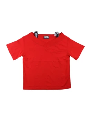 Czerwony dziecięcy T-shirt z dekoltem w serek i paskami z logo Diesel
