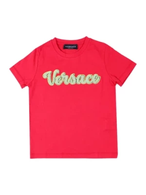 Czerwony dziecięcy t-shirt z teksturą logo Versace