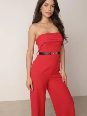 Czerwony Elegancki Kombinezon VICES Bez Rękawów z Falbankami i Paskiem Apethia