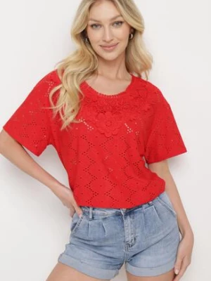 Czerwony Klasyczny Ażurowy T-shirt z Krótkim Rękawem Ninnia j&x