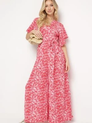 Czerwony Kombinezon z Kopertowym Dekoltem z Paskiem i Ukrytym Suwakiem na Plecach Yestella rosse line