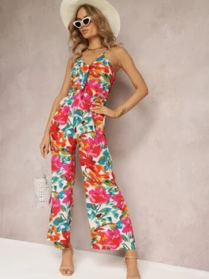 Czerwony Kombinezon z Wiązaniem przy Dekolcie w Kwiaty Aikana rosa