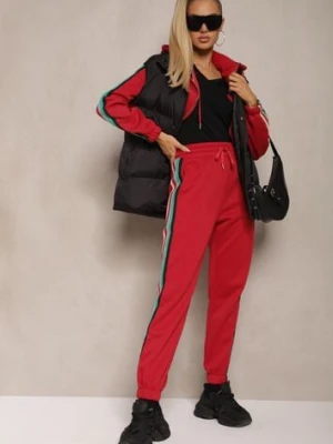 Czerwony Komplet Dresowy z Kolorowym Lampasem Bluza z Kapturem i Spodnie Joggery Nevarielles