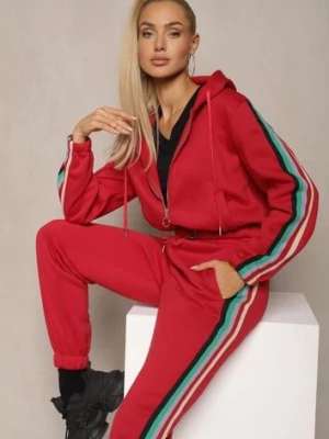 Czerwony Komplet Dresowy z Kolorowym Lampasem Bluza z Kapturem i Spodnie Joggery Nevarielles