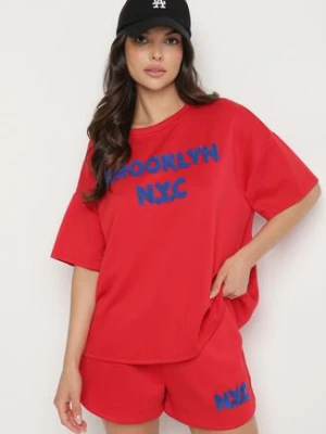 Czerwony Komplet Oversize z Wiskozą T-shirt i Szorty z Nadrukiem Liravella jumelle