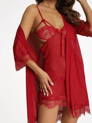 Czerwony Komplet z Siateczki Koszula Nocna na Regulowanych Ramiączkach Szlafrok Stringi Relira love you forever
