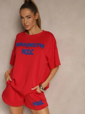Czerwony Komplet z Wiskozą o Fasonie Oversize T-shirt i Szorty Lirafina jumelle