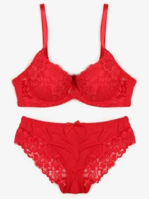 Czerwony Koronkowy Komplet Majtki Figi i Biustonosz Eziselle