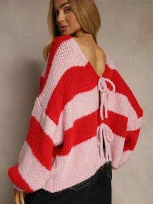 Czerwony Oversizowy Kardigan w Paski z Wiązaniem z Domieszką Wełny i Wiskozy Retile