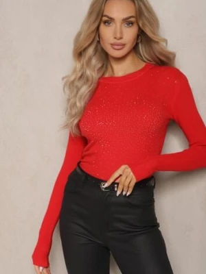 Czerwony Prążkowany Sweter z Bawełną Ozdobiony Cyrkoniami Romilea j&x