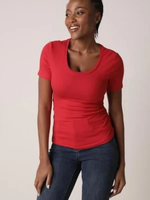 Czerwony Prążkowany T-shirt Ozdobiony po Bokach Marszczeniem Nedisa romee's