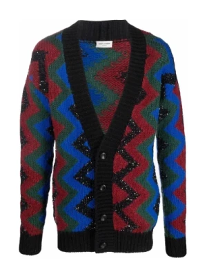 Czerwony sweter z guzikami i wzorem w jodełkę Saint Laurent