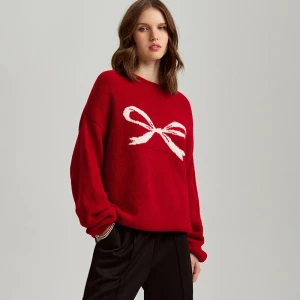 Czerwony sweter z motywem białej kokardki loose fit House