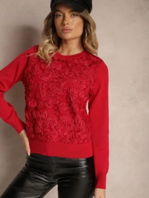 Czerwony Sweter z Wiskozą Ozdobiony Aplikacjami z Siateczki Harilia