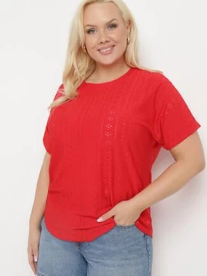Czerwony T-shirt Koszulka z Krótkim Rękawem o Ażurowym Wykończeniu Meaara