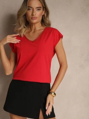Czerwony T-shirt z Bawełny Ozdobiony Koronką Ralienne moraj