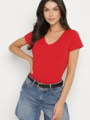 Czerwony T-shirt z Bawełny z Dekoltem w Serek Liniviela basic