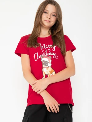 Czerwony T-shirt ze świątecznym nadrukiem Reporter