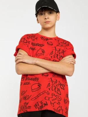 Czerwony T-shirt ze świątecznymi nadrukami Reporter
