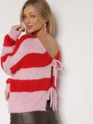 Czerwony Wiązany Kardigan Oversize w Paski z Dodatkiem Wełny i Wiskozy Retire