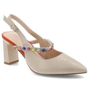 Czółenka Barski, z odkrytą piętą wykonane ze skóry naturalnej osadzone na stabilnym obcasie z regulowanym paskiem ozdobione kolorowymi kamieniami, be S.Barski