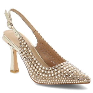 Czółenka damskie Alma En Pena, materiałowa cholewka ozdobne kryształki pasek z regulacją smukły nosek elegancki obcas złoty kolor wizytowy styl, złot