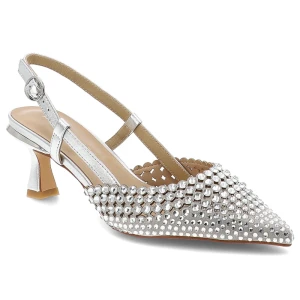 Czółenka damskie Alma En Pena, skóra naturalna ażurowa cholewka ozdobne kryształki pasek z regulacją smukły nosek elegancki obcas, srebrne, V261855