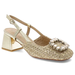 Czółenka damskie Alma En Pena, z zabudowanym przodem wykonane z plecionego materiału osadzone na stabilnym obcasie z regulowanym paskiem wokół kostki