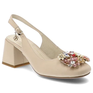 Czółenka damskie Artiker, cholewka ze skóry naturalnej zabudowany nosek pasek na pięcie z regulowaną klamrą stabilny obcas typu klocek, beżowa, 58C06