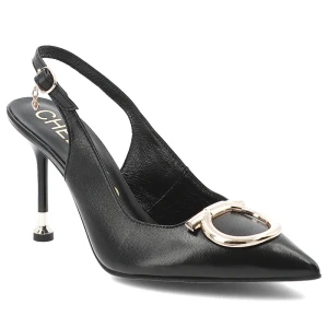 Czółenka damskie Chebello, cholewka ze skóry naturalnej z odkrytą piętą i smukłym noskiem ozdobione metaliczną klamrą osadzone na cienkim obcasie pod