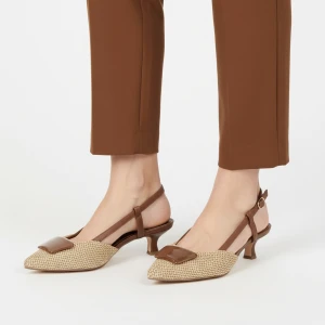 Czółenka damskie Marco Tozzi, niski obcas smukła sylwetka pasek na pięcie stabilne zapięcie pleciona faktura elegancki fason lekka konstrukcja, brązo