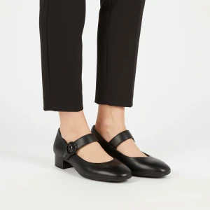 Czółenka damskie Rieker, stabilny niski obcas klasyczny fason pasek z zapięciem miękka cholewka wygodne dopasowanie elegancki charakter, czarne, 4345