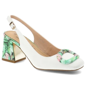 Czółenka damskie S.Barski, cholewka ze skóry naturalnej z elegancką broszką i stabilnym obcasem, zielone, LZ61-2010