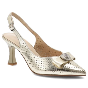 Czółenka damskie S.Barski, cholewka ze skóry naturalnej z odkrytą piętą na smukłym obcasie z ażurową cholewką i elegancką kokardą, złote, CR61-3119