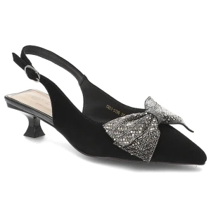 Czółenka damskie S.Barski, cholewka ze skóry naturalnej z odkrytą piętą na subtelnym obcasie z efektowną kokardą w kontrastowym wykończeniu, czarne,