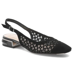 Czółenka damskie S.Barski, skóra naturalna ażurowa cholewka fason slingback regulowany pasek niski geometryczny obcas lekka konstrukcja, czarne, CR61