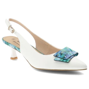Czółenka damskie S.Barski, slingback ze skóry naturalnej z dekoracyjną aplikacją na niskim obcasie zapinane sprzączką, białe, LZ61-2006